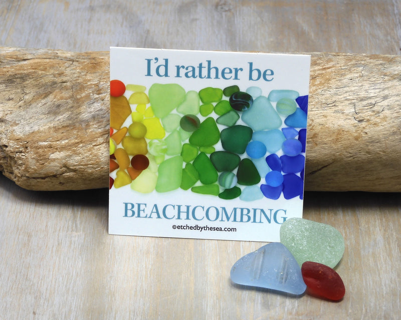 I'd Rather Be Beachcombing Rainbow Beach Glass Square Bumper/Laptop Sticker