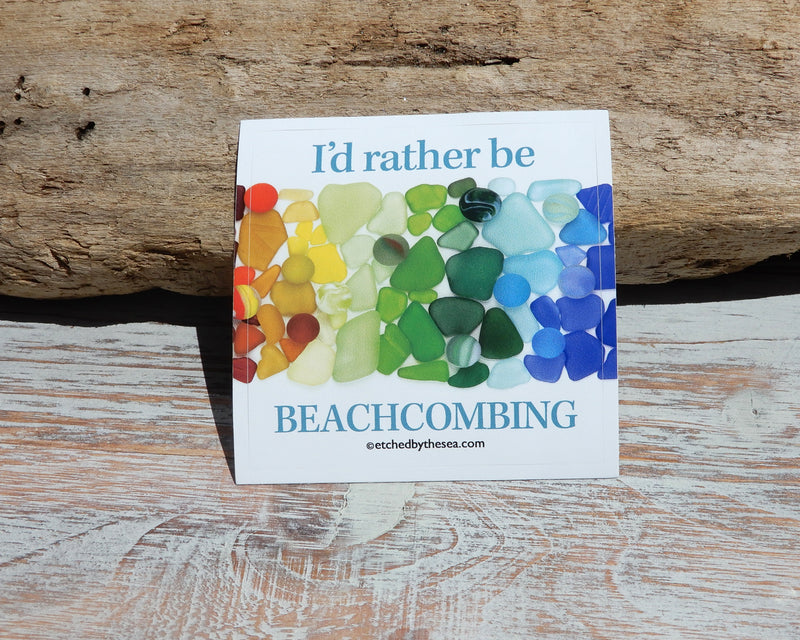 I'd Rather Be Beachcombing Rainbow Beach Glass Square Bumper/Laptop Sticker